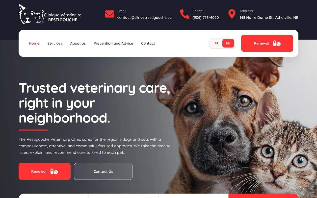 Veterinary website design — English homepage of Restigouche Veterinary Clinic