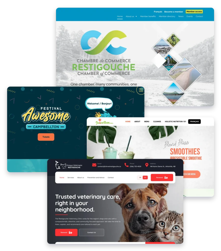 Recent web design projects — Restigouche Chamber of Commerce, Festival Awesome, Juice Box and Restigouche Veterinary Clinic