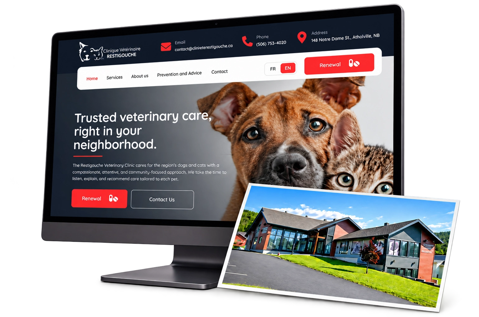 Restigouche Veterinary Clinic — English website and clinic photograph